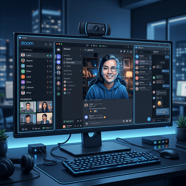Zoom, Discord and Telegram running side by side with a swapped camera feed